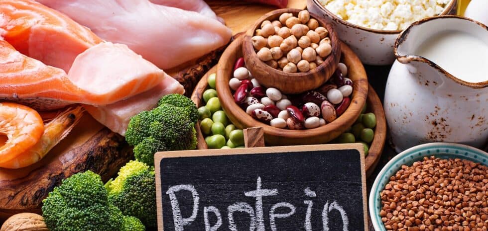 Healthy food high in protein. Meat, fish, dairy products, nuts and beans